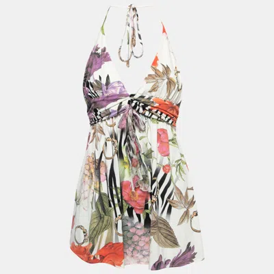 Pre-owned Class By Roberto Cavalli White Floral Printed Jersey Top L
