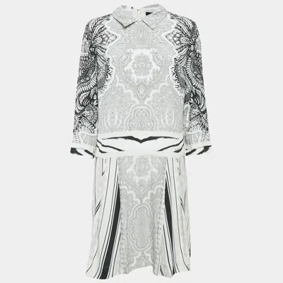 Class By Roberto Cavalli White/black Printed Crepe Short Dress In Metallic
