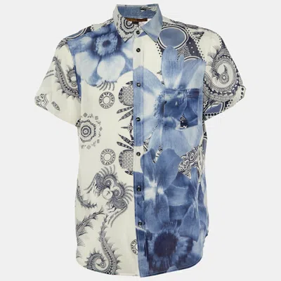 Pre-owned Class By Roberto Cavalli White/blue Printed Cotton Short Sleeve Shirt Xxl