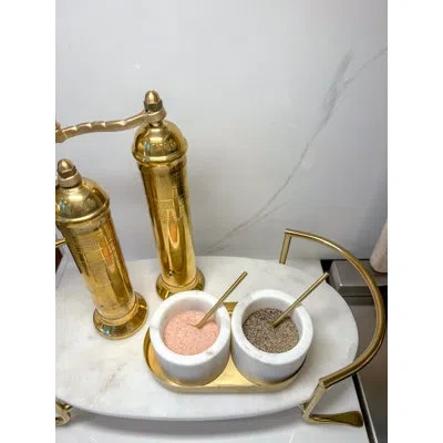 Classic Touch Marble Salt And Pepper Set With Gold Base And Spoons In White;gold