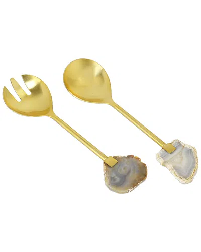 Classic Touch Set Of Salad Servers With Agate Stone Handle In Brown