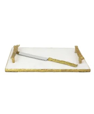 Classic Touch White Marble Challah Tray With Crumbled Handles And Knife