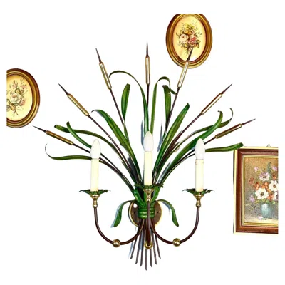Pre-owned Classic Vintage Sconce Reeds Large Green Sconce Reeds Vintage Lighting, Belgium