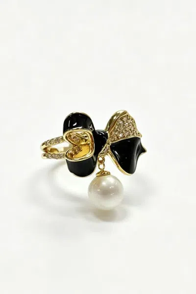 Classicharms Butterfly Pearl Drop Ring In Gold/black