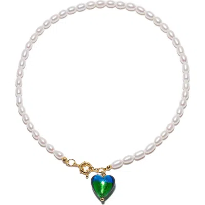 Classicharms Esmée Peacock Green Murano Heart Pendant Pearl Necklace In Blue