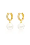 Classicharms Gold Pavé Huggie Hoop Solitaire Pearl Drop Earrings In Gold