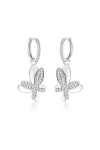 Classicharms Women's Silver Pavé Diamond Butterfly Dangle Drop Hoop Earrings In Metallic