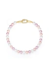 Classicharms Shell Pearl Necklace With Gem-encrusted Carabiner Lock In Pink