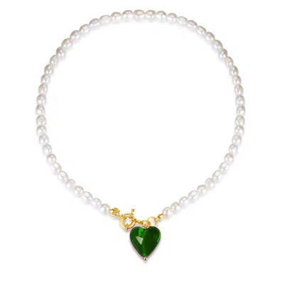 Classicharms Women's Esmée Green Glaze Heart Pendant Pearl Necklace