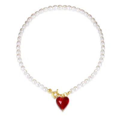 Classicharms Women's Esmée Red Glaze Heart Pendant Pearl Necklace In Metallic