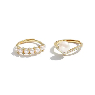 Classicharms Women's Gold Diamond Accent Pearl Ring Set