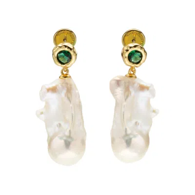 Classicharms Women's Gold / Green Skyler Emerald Baroque Pearl Drop Earrings