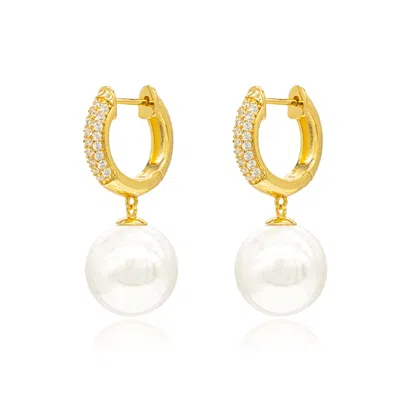 Classicharms Women's Gold Pavé Huggie Hoop Solitaire Pearl Drop Earrings