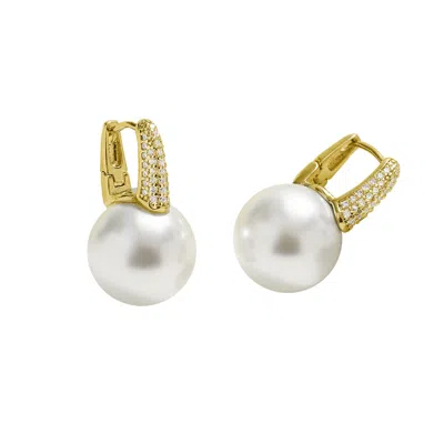 Classicharms Women's Pavé Diamonds Embellished Pearl Hoop Earrings-gold