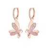 Classicharms Women's Rose Gold Gradient Pink Pavé Diamond Butterfly Dangle Drop Hoop Earrings