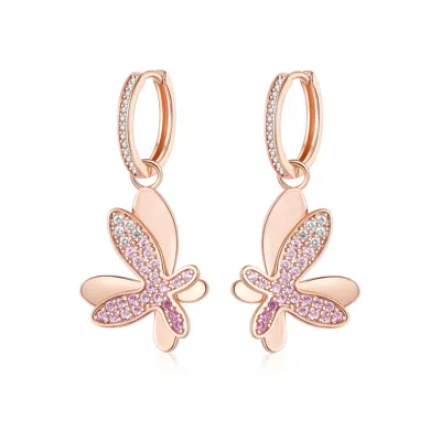 Classicharms Women's Rose Gold Gradient Pink Pavé Diamond Butterfly Dangle Drop Hoop Earrings