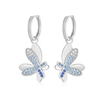 Classicharms Women's Silver Gradient Blue Pavé Diamond Butterfly Dangle Drop Hoop Earrings