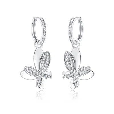Classicharms Women's Silver Pavé Diamond Butterfly Dangle Drop Hoop Earrings