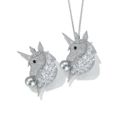 Classicharms Women's Silver Pavé Unicorn Brooch And Necklace Set