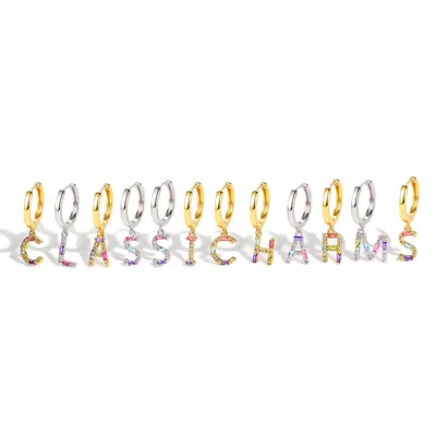 Classicharms Women's Single Gold Pavé Initial Charm Drop Huggie Hoop Earring In Multi