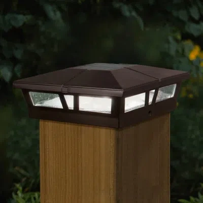 Classy Caps Cambridge Solar Powered Integrated Led Metal Fence Post Cap 6" X 6" With Base Adapter Included In Brown