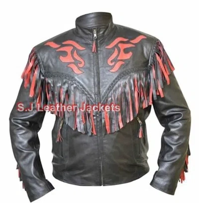 Pre-owned Classyak Cowboy Men's Genuine Leather Motorcycle Jacket Cowhide With Fringes In Black