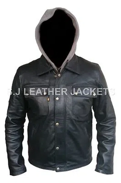 Pre-owned Classyak Men's Fashion Hoodie Real Leather Jacket In Black