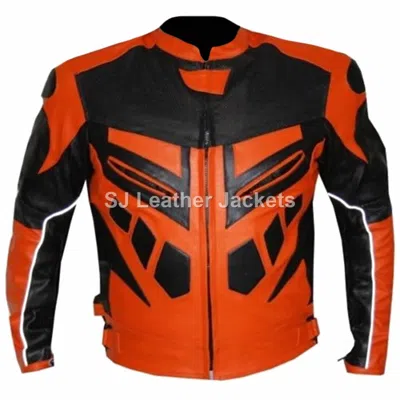 Pre-owned Classyak Men's Fashion Real Leather Motorbike Jacket In Orange & Black