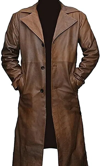 Pre-owned Classyak Men's Fashion Sleek Design Real Leather Long Coat In Brown