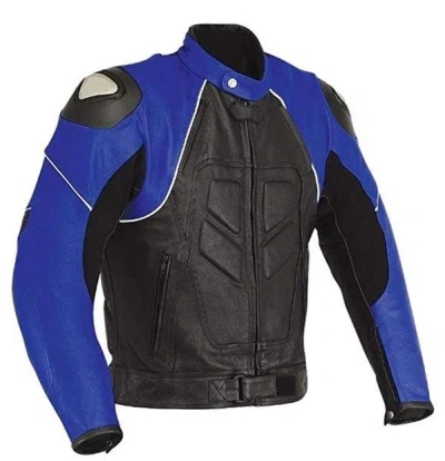 Pre-owned Classyak Men's Genuine Leather Black N Blue Motorbike Jacket In Cow Black