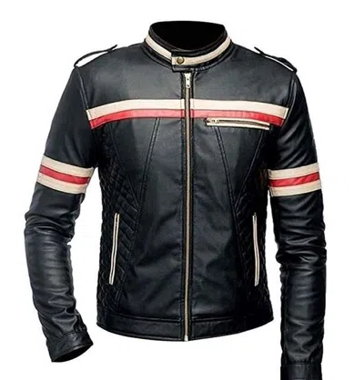 Pre-owned Classyak Men's Real Leather Motorbike Jacket Red & White Stripes