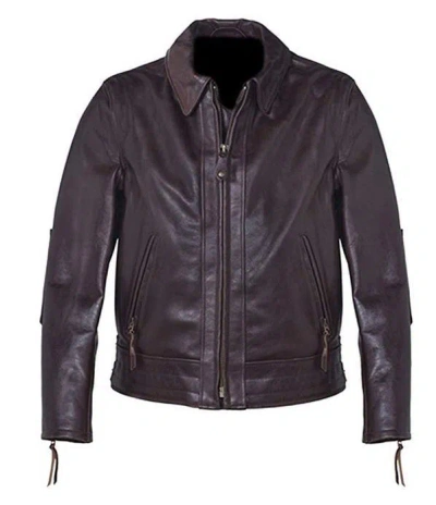 Pre-owned Classyak Men's Vintage Leather Brown Racer Jacket In Cow Brown