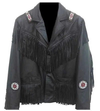 Pre-owned Classyak Men's Western Beaded & Fringed Real Leather Jacket In Cow Leather Black