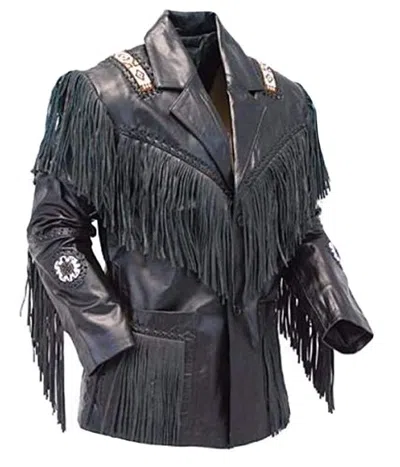 Pre-owned Classyak Men's Western Cowboy Leather Jacket Fringed Coat In Black
