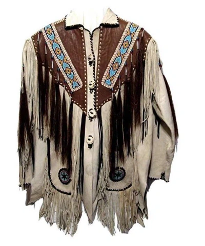 Pre-owned Classyak Men's Western Fringed, Beaded And Bones Leather Jacket In White
