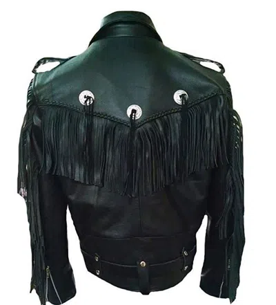 Pre-owned Classyak Men's Western Genuine Leather Cowboy Biker Fringed Jacket In Cow Black