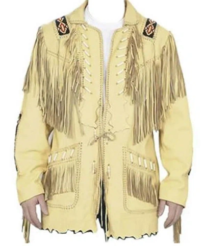 Pre-owned Classyak Western Cowboy Leather Jacket Fringed And Beaded In Cow Leather - Beige