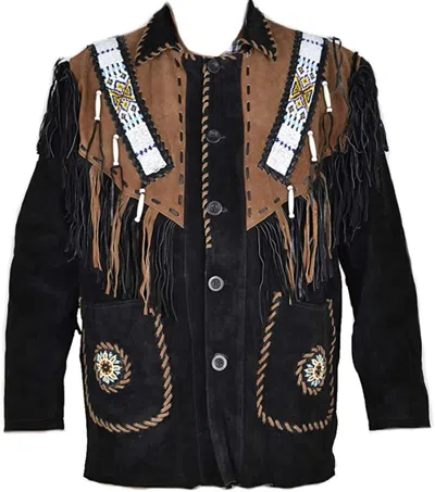 Pre-owned Classyak Western Cowboy Leather Jacket, Fringed & Excellent Beads Work In Black