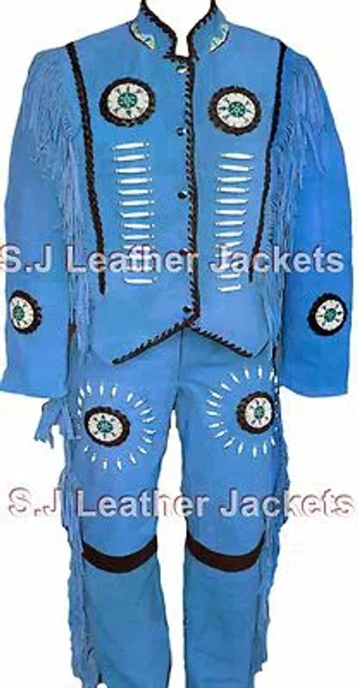Pre-owned Classyak Western Fringed & Beaded Suede Leather Suit Jacket & Pants Unisex In Blue