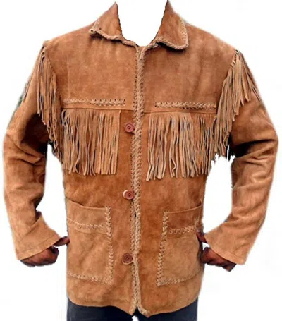 Pre-owned Classyak Western Leather Coat, Fringes On Front, Back, Shoulders & Sleeves In Brown