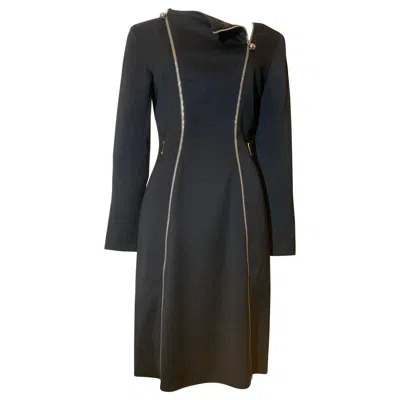 Pre-owned Claude Montana 1990s  Black Wool Gabardine Fitted Chrome Zippered Sheath Dress
