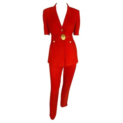 Pre-owned Claude Montana 1990s  Bright Red Belted Short Sleeve Pant Suit 40fr/6us