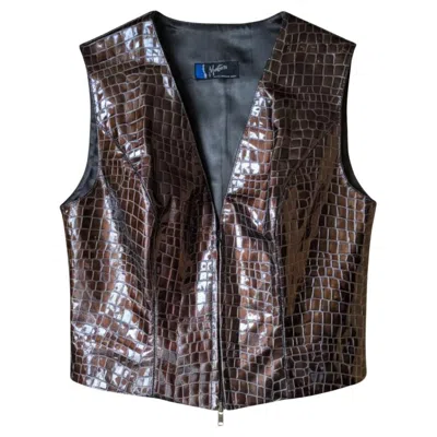Pre-owned Claude Montana 1990s Croc-embossed Vinyl Corset Vest - Bronze Chocolat In Black