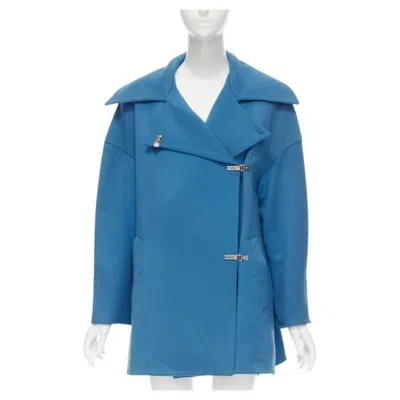 Pre-owned Claude Montana 1991 Vintage Blue Wool Metal Clasp Button Oversize Coat It42 M