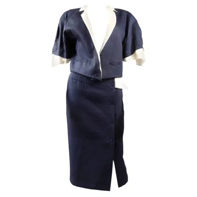 Pre-owned Claude Montana A Navy & White Organza Skirt Suit By  - French Circa 1980