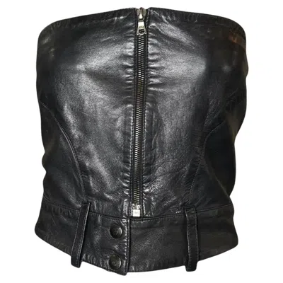 Pre-owned Claude Montana For Idéal-cuir Late Leather Zip Up Moto Bustier, 1970s In Black