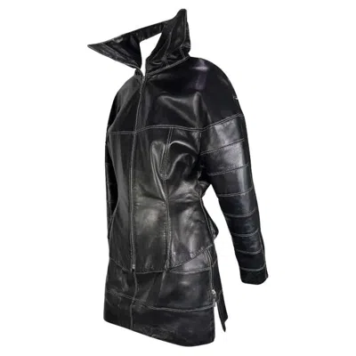 Pre-owned Claude Montana F/w 1991  Runway Leather Moto Jacket Skirt Set 40fr In Black