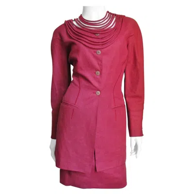 Pre-owned Claude Montana Linen Skirt Suit 1980s In Red