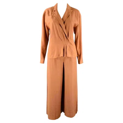 Pre-owned Claude Montana Size 4 Brown Linen Blend Pleated Flat Front Pants Suit