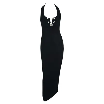 Pre-owned Claude Montana S/s 1993  Runway White Beaded Black Cutout Maxi Dress 42fr/8us